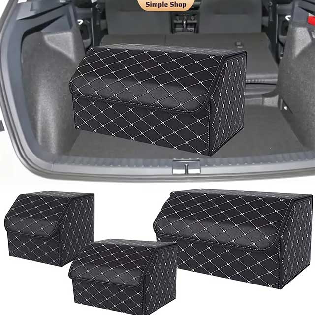 PU Leather Collapsible Car Trunk Organizer – Durable Vehicle Storage Box with White Stitching & Handles | Cargo Carrier by Amagi