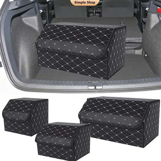 PU Leather Collapsible Car Trunk Organizer – Durable Vehicle Storage Box with White Stitching & Handles | Cargo Carrier by Amagi