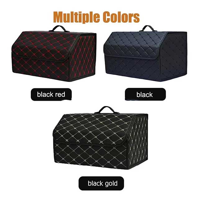 PU Leather Collapsible Car Trunk Organizer – Durable Vehicle Storage Box with White Stitching & Handles | Cargo Carrier by Amagi