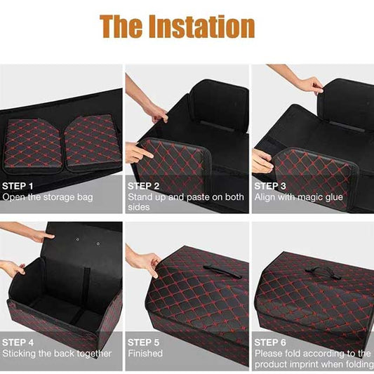 PU Leather Collapsible Car Trunk Organizer – Durable Vehicle Storage Box with White Stitching & Handles | Cargo Carrier by Amagi