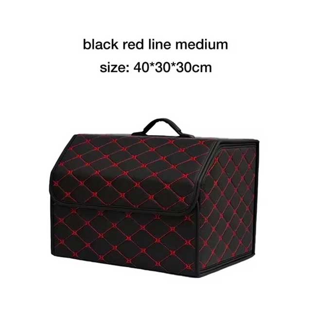 PU Leather Collapsible Car Trunk Organizer – Durable Vehicle Storage Box with White Stitching & Handles | Cargo Carrier by Amagi