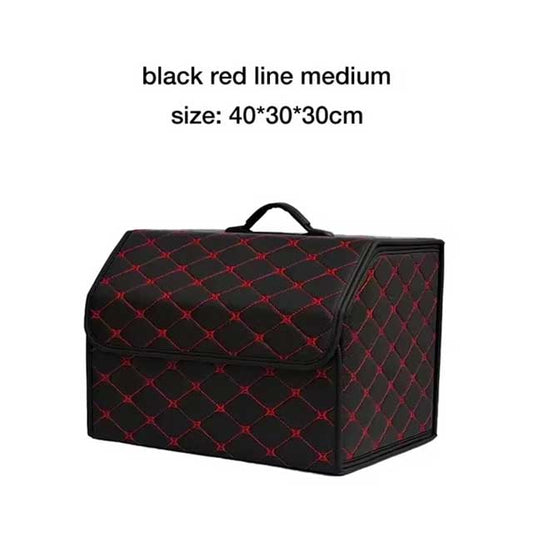 PU Leather Collapsible Car Trunk Organizer – Durable Vehicle Storage Box with White Stitching & Handles | Cargo Carrier by Amagi