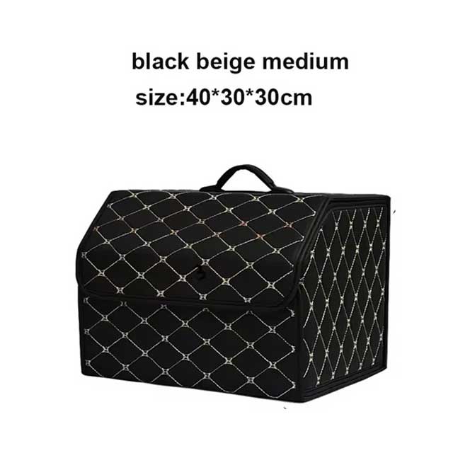 PU Leather Collapsible Car Trunk Organizer – Durable Vehicle Storage Box with White Stitching & Handles | Cargo Carrier by Amagi