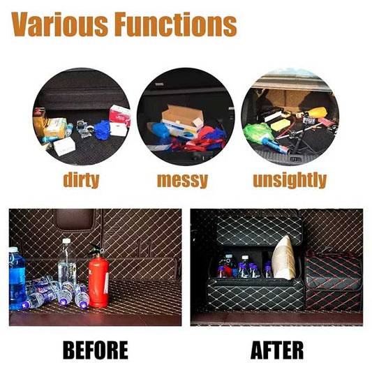 PU Leather Collapsible Car Trunk Organizer – Durable Vehicle Storage Box with White Stitching & Handles | Cargo Carrier by Amagi