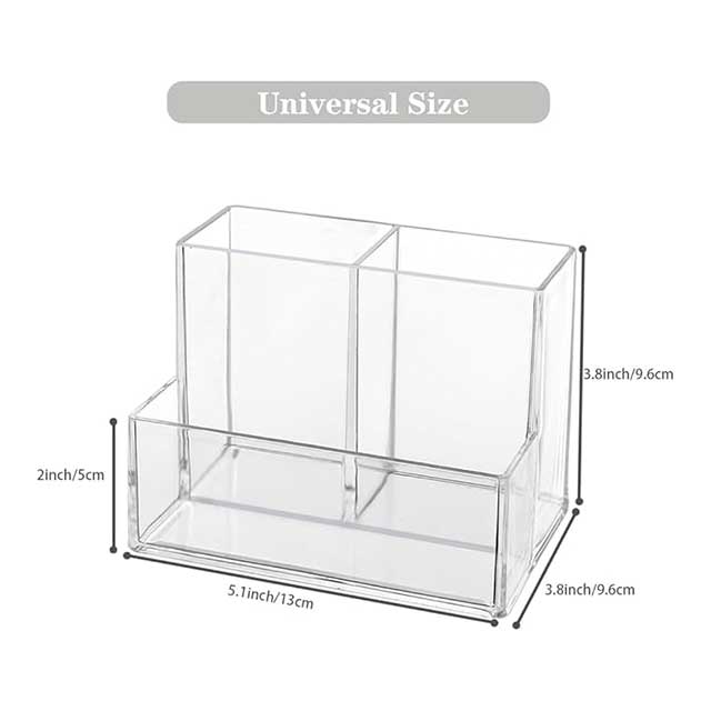Clear Acrylic Pen Holder for Desk – 3-Compartment Pencil Organizer & Makeup Brush Holder with Sticky Notes Slot – Desk Accessories for Office, Art Supplies & Vanity Storage (1pc)