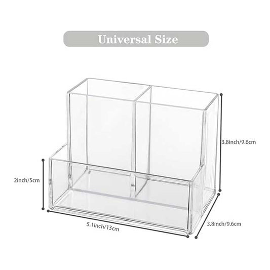 Clear Acrylic Pen Holder for Desk – 3-Compartment Pencil Organizer & Makeup Brush Holder with Sticky Notes Slot – Desk Accessories for Office, Art Supplies & Vanity Storage (1pc)