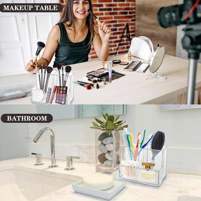 Clear Acrylic Pen Holder for Desk – 3-Compartment Pencil Organizer & Makeup Brush Holder with Sticky Notes Slot – Desk Accessories for Office, Art Supplies & Vanity Storage (1pc)