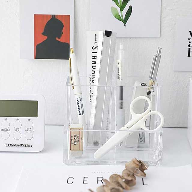 Clear Acrylic Pen Holder for Desk – 3-Compartment Pencil Organizer & Makeup Brush Holder with Sticky Notes Slot – Desk Accessories for Office, Art Supplies & Vanity Storage (1pc)