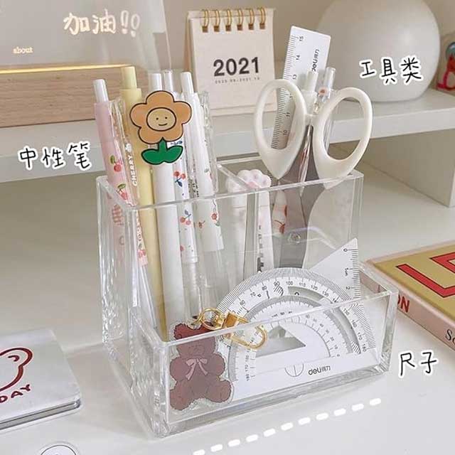 Clear Acrylic Pen Holder for Desk – 3-Compartment Pencil Organizer & Makeup Brush Holder with Sticky Notes Slot – Desk Accessories for Office, Art Supplies & Vanity Storage (1pc)