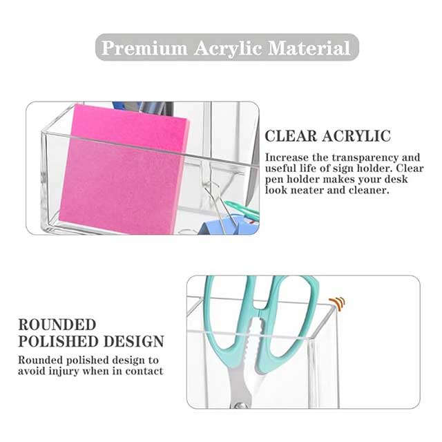 Clear Acrylic Pen Holder for Desk – 3-Compartment Pencil Organizer & Makeup Brush Holder with Sticky Notes Slot – Desk Accessories for Office, Art Supplies & Vanity Storage (1pc)