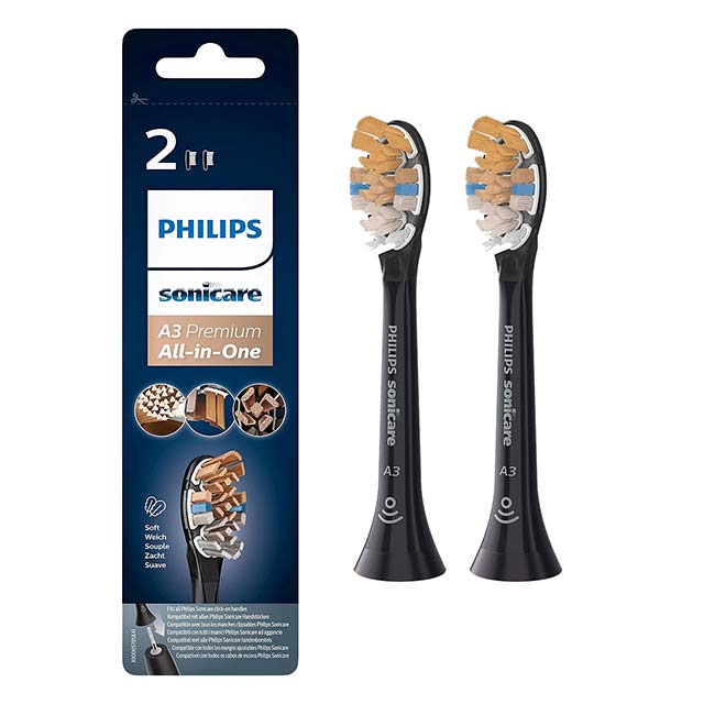 Philips Sonicare Genuine A3 Premium All-in-One Replacement Toothbrush Heads- 2 Brush Heads- Black