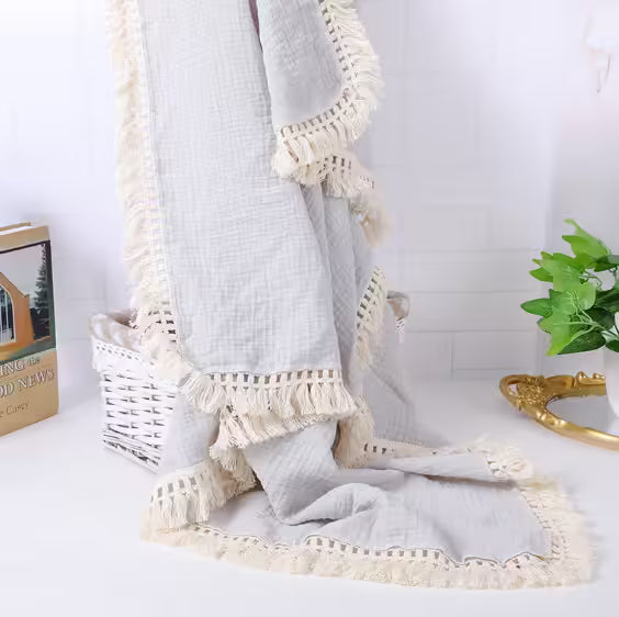 Cotton Muslin Swaddle Blankets for Newborns Tassel Receiving Blanket & Infant Sleeping Quilt | Soft Swaddle Wrap for Babies