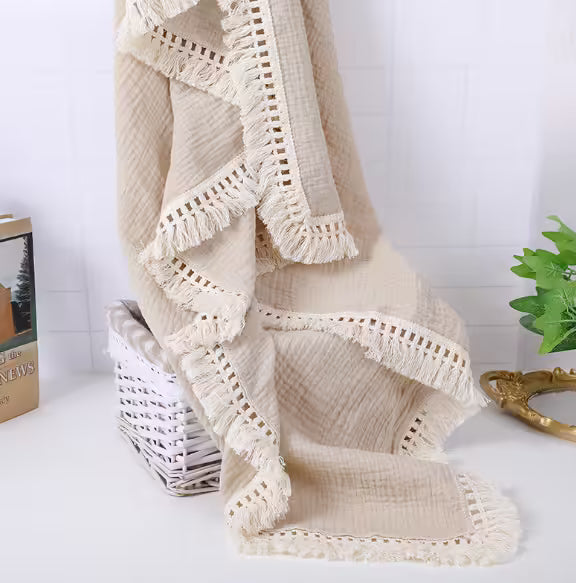 Cotton Muslin Swaddle Blankets for Newborns Tassel Receiving Blanket & Infant Sleeping Quilt | Soft Swaddle Wrap for Babies