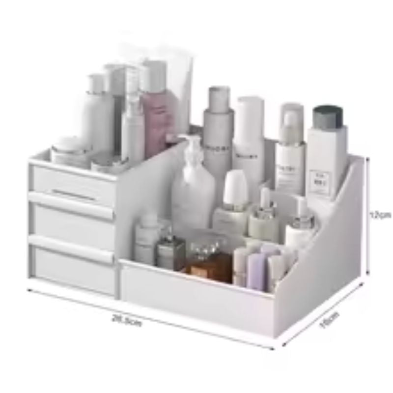 Boîte de rangement en plastique pour maquillage – Organiseur de bureau pour cosmétiques et soins de la peau – Étagère de finition pour papeterie et bijoux pour coiffeuse de dortoir (blanc/rose/bleu)