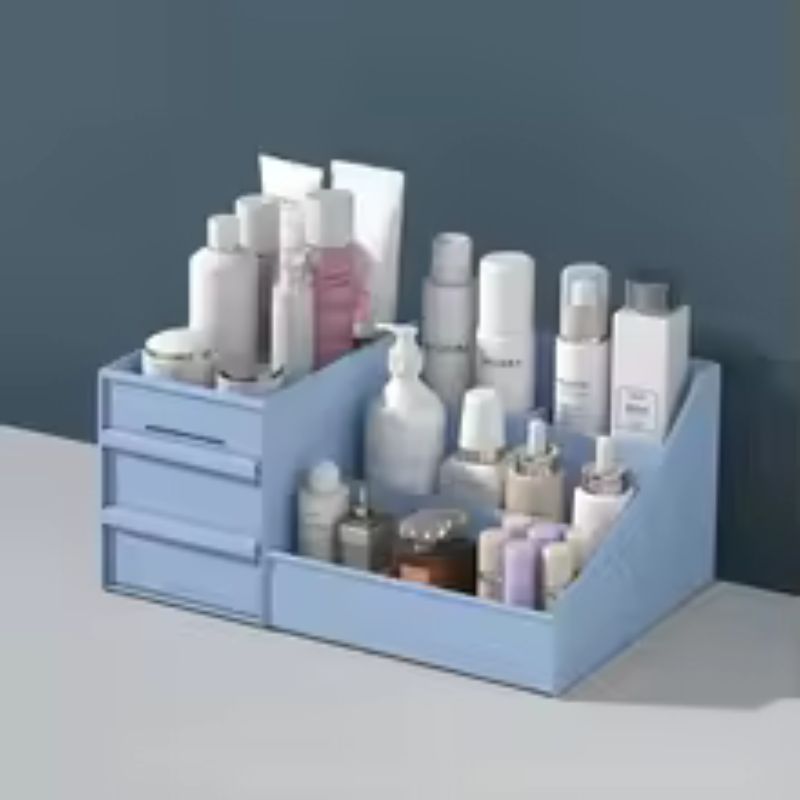 Boîte de rangement en plastique pour maquillage – Organiseur de bureau pour cosmétiques et soins de la peau – Étagère de finition pour papeterie et bijoux pour coiffeuse de dortoir (blanc/rose/bleu)