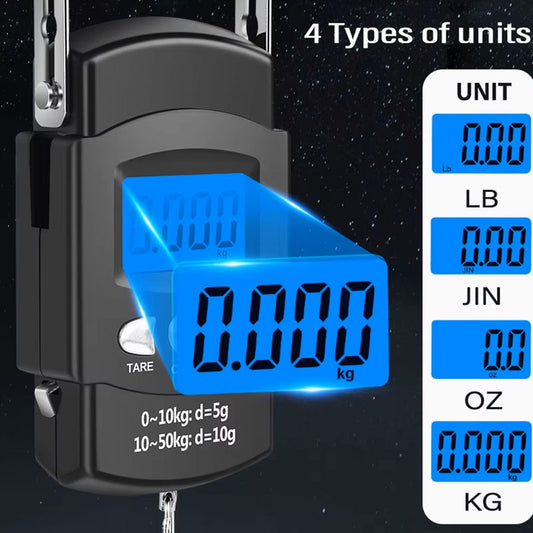Portable Digital Hanging Scale (50kg/110lb) - High-Precision 10g Electronic Hook Scale with Backlit LCD & Built-in 100cm Retractable Measuring Tape