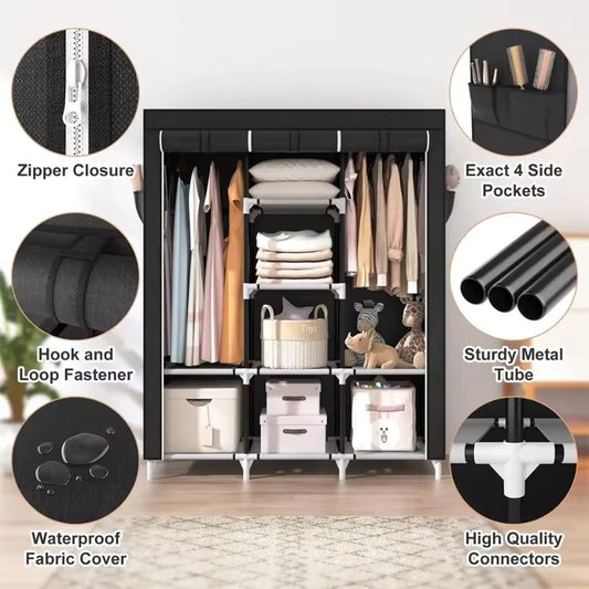 Portable Closet Wardrobe – Large Clothes Storage Organizer with 6 Shelves and 2 Hanging Sections – Modern Fabric Wardrobe with 4 Side Pockets and Sliding Door Design (Grey/Black)