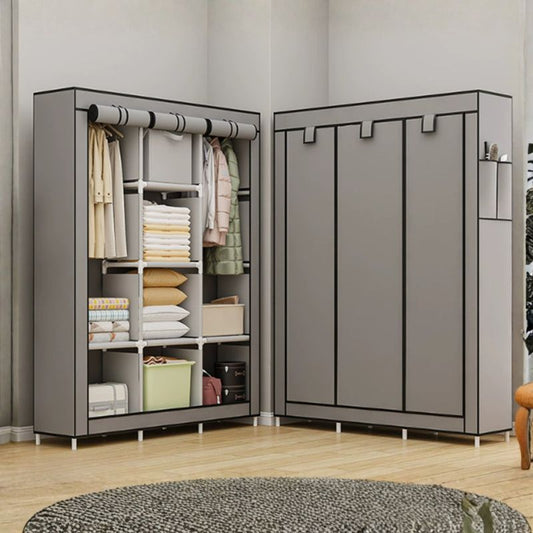 Portable Closet Wardrobe – Large Clothes Storage Organizer with 6 Shelves and 2 Hanging Sections – Modern Fabric Wardrobe with 4 Side Pockets and Sliding Door Design (Grey/Black)
