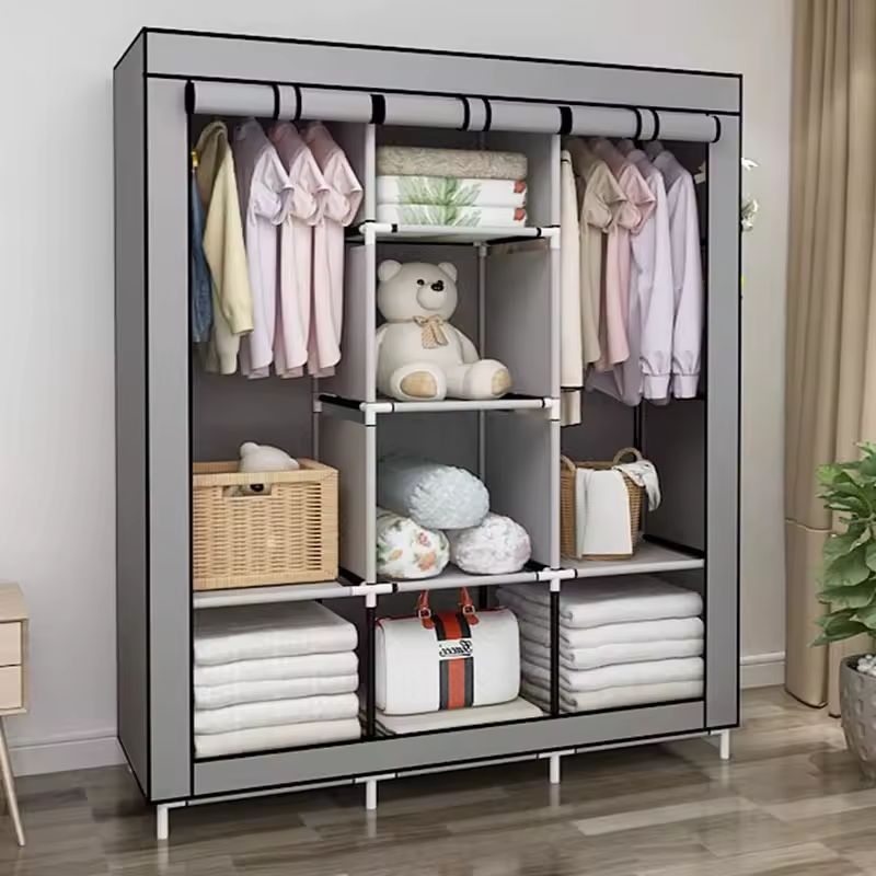Portable Closet Wardrobe – Large Clothes Storage Organizer with 6 Shelves and 2 Hanging Sections – Modern Fabric Wardrobe with 4 Side Pockets and Sliding Door Design (Grey/Black)