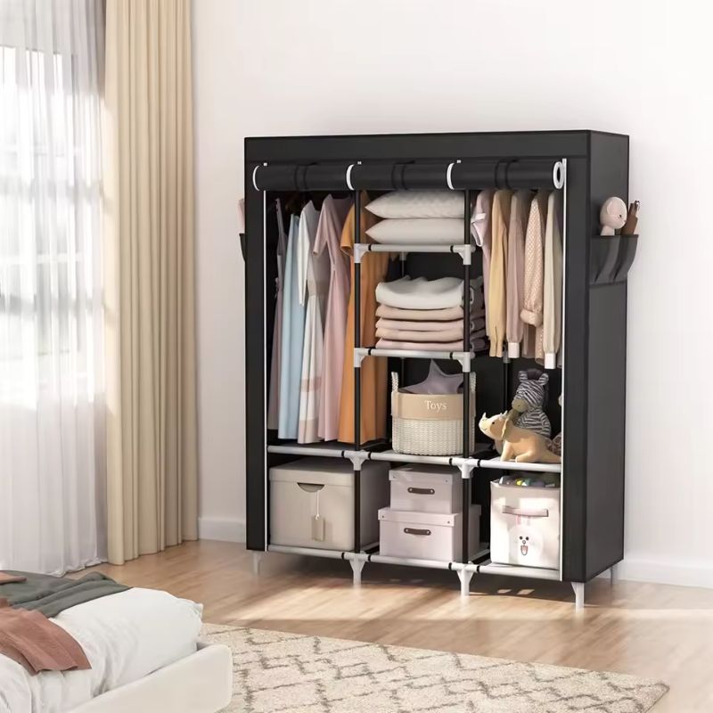 Portable Closet Wardrobe – Large Clothes Storage Organizer with 6 Shelves and 2 Hanging Sections – Modern Fabric Wardrobe with 4 Side Pockets and Sliding Door Design (Grey/Black)