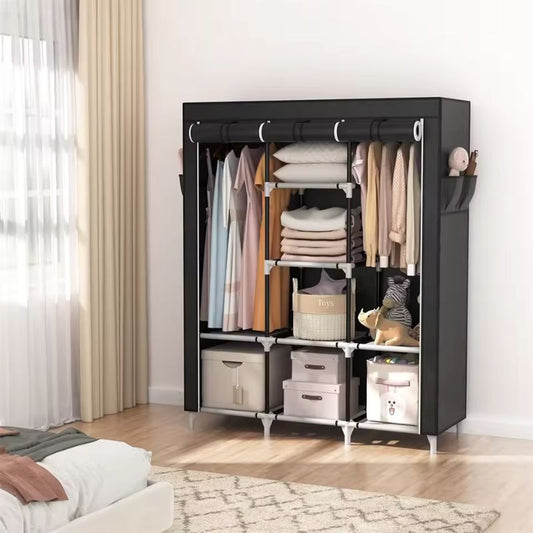 Portable Closet Wardrobe – Large Clothes Storage Organizer with 6 Shelves and 2 Hanging Sections – Modern Fabric Wardrobe with 4 Side Pockets and Sliding Door Design (Grey/Black)