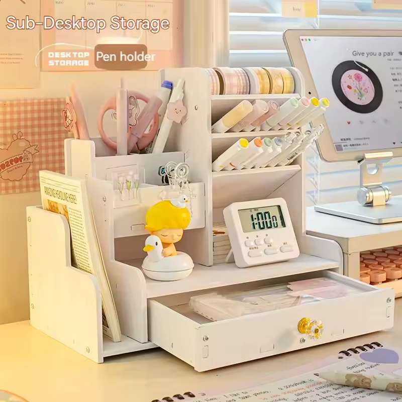 Premium Wooden Desktop Stationery Organizer – Multi-Tier Marker & Pen Holder with Integrated Bookshelf – Large Capacity Office Desk Storage Box for Pens, Pencils, and Art Supplies – Home & Office Accessories Organizer
