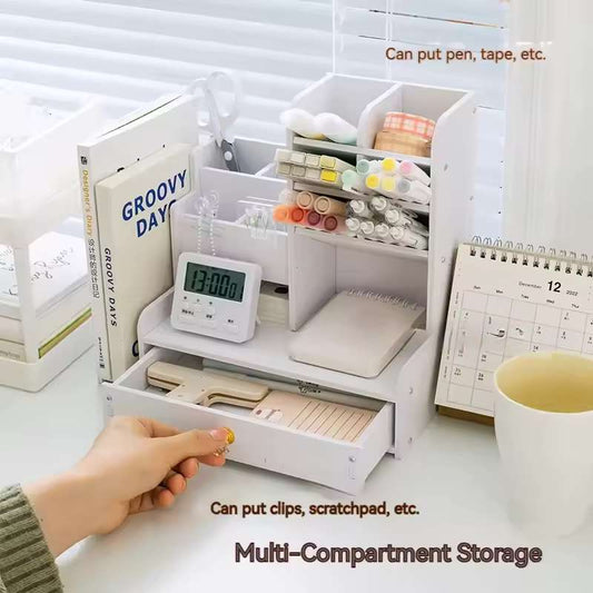 Premium Wooden Desktop Stationery Organizer – Multi-Tier Marker & Pen Holder with Integrated Bookshelf – Large Capacity Office Desk Storage Box for Pens, Pencils, and Art Supplies – Home & Office Accessories Organizer