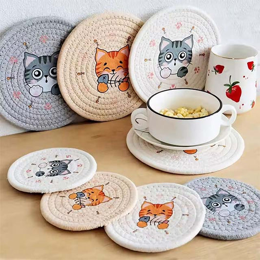Printed Cat Design Heat-Resistant Pads – Round Table & Cup Mats for Home & Kitchen Use