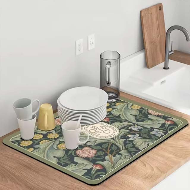 Printed Super Absorbent Dish Drying Mat – Quick-Dry Drain Pad for Tableware & Coffee Bar
