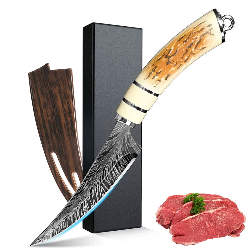 Couteau de cuisine professionnel courbé texture Damas – Trancheur à viande forgé à haute dureté et couteau à fruits – Outil culinaire ultra-tranchant
