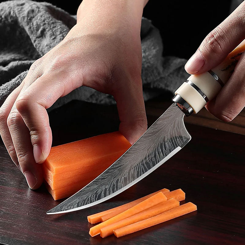 Couteau de cuisine professionnel courbé texture Damas – Trancheur à viande forgé à haute dureté et couteau à fruits – Outil culinaire ultra-tranchant