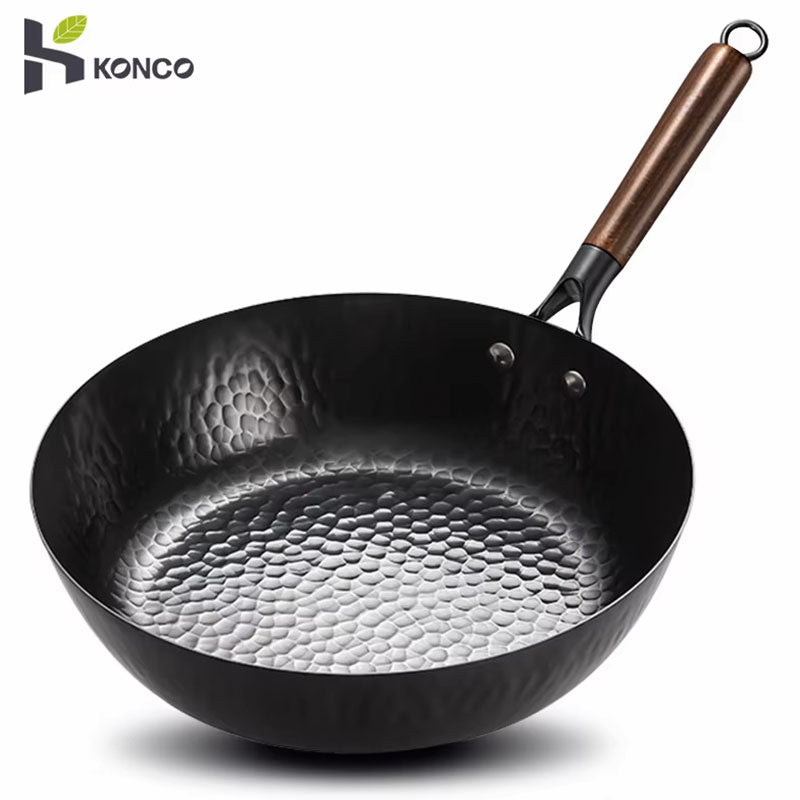 Wok professionnel en fonte sans revêtement 28 cm – Poêle de chef antiadhésive sans fumée – Poêle à frire profonde et marmite robuste pour une cuisson authentique au wok