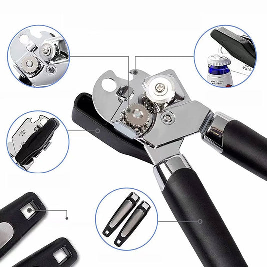 Professional Stainless Steel Can Opener – Multifunctional Side-Cut Safety Opener – Smooth Edge Tin & Bottle Opener Kitchen Gadget