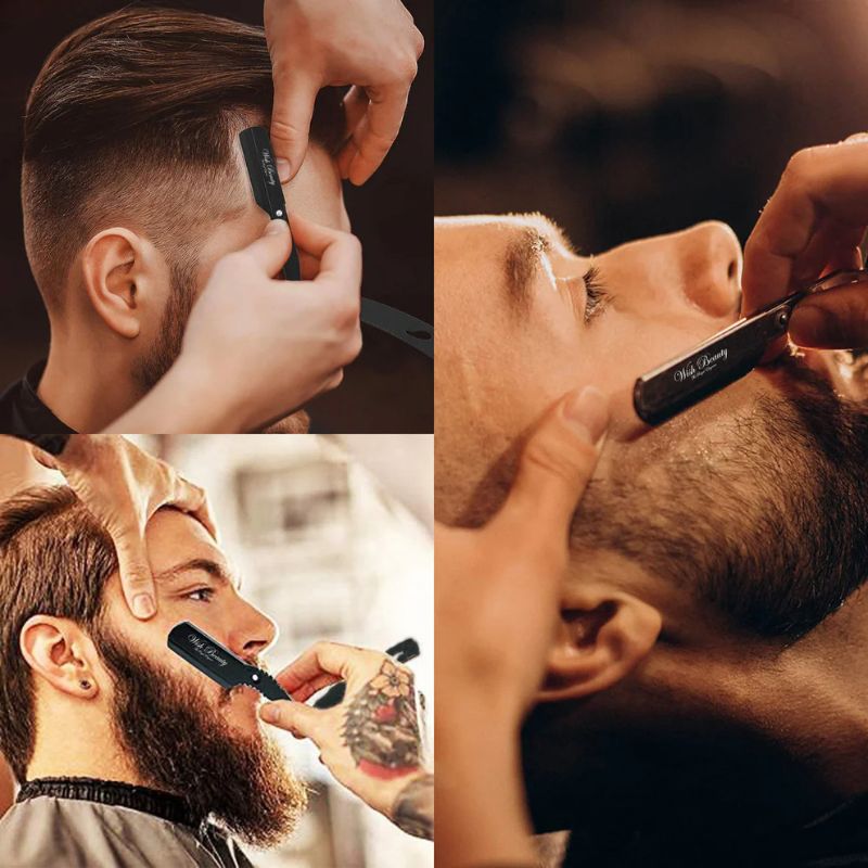 Rasoir de barbier professionnel coupe-choux – Rasoir pliant classique à bord droit – Comprend 10 lames de rechange premium en acier inoxydable – Outil de barbier de qualité professionnelle
