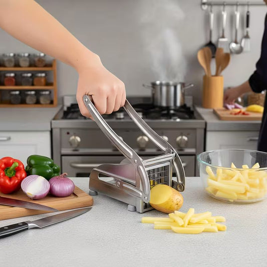 Professional Stainless Steel French Fry Cutter & Vegetable Slicer – Heavy-Duty Potato Chipper with Non-Slip Suction Feet – Includes 2 Interchangeable Blades for Carrots, Cucumbers, and Perfect Fries