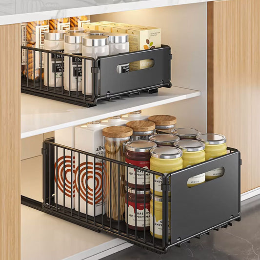 Pull-Out Kitchen Cabinet Storage Rack | Sliding Home Seasoning & Pantry Organizer | Deep Cabinet Internal Basket for Kitchen & Bathroom