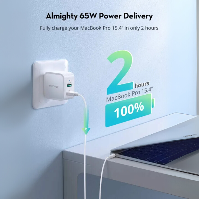 RAVPower PD Pioneer 65W Fast Wall Charger – USB-C Power Delivery Adapter (UK Imported)