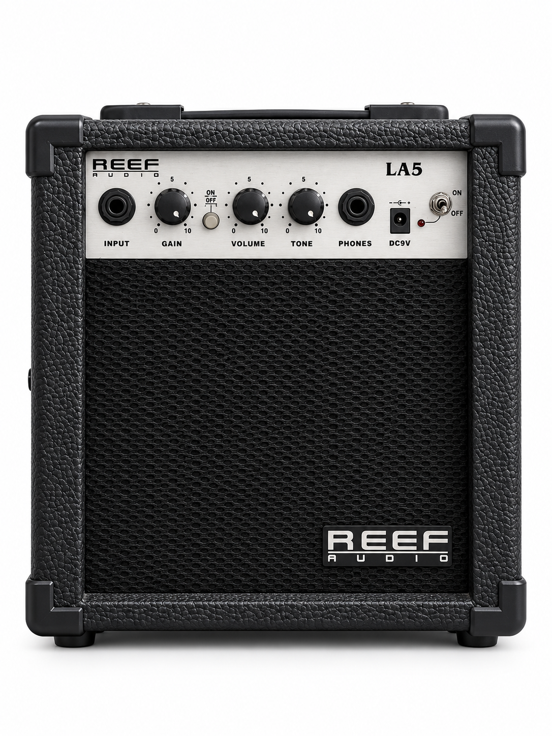 REEF Audio LA5 5W Portable Guitar Amplifier – Battery or DC Powered Mini Practice Amp with Clean/Distortion & Headphone Output