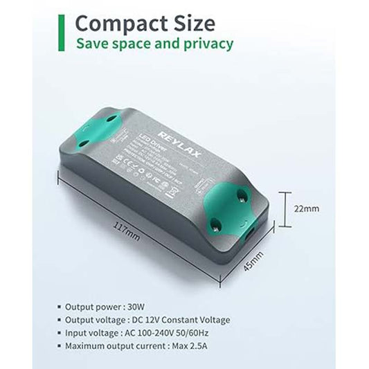 REYLAX 12V 30W LED Driver Power Supply - Slim AC to DC 12V Constant Voltage Adapter, 100/240V Input, 2.5A for LED Strip Lights and Low Voltage LED Transformers