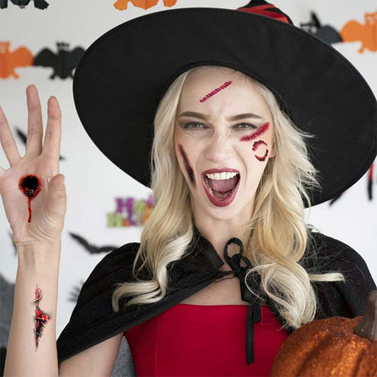 Realistic Zombie Scar Temporary Tattoo Stickers – Waterproof Fake Bloody Wound &amp; Stitched Scab Makeup for Halloween Masquerade Pranks