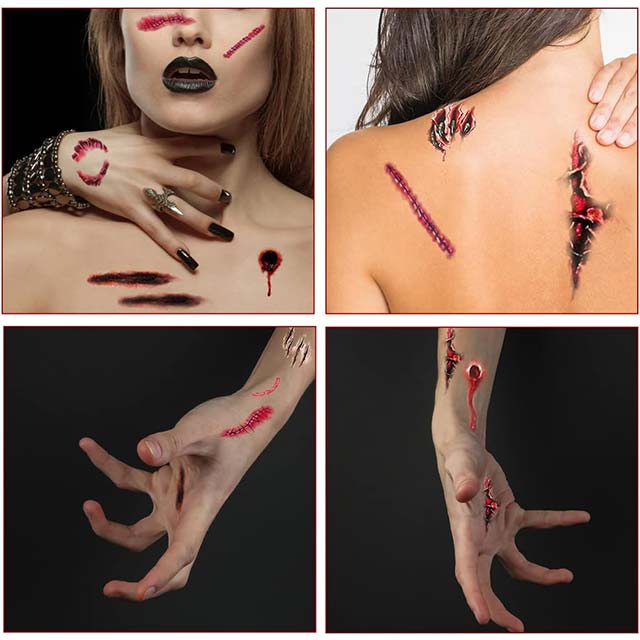 Realistic Zombie Scar Temporary Tattoo Stickers – Waterproof Fake Bloody Wound &amp; Stitched Scab Makeup for Halloween Masquerade Pranks