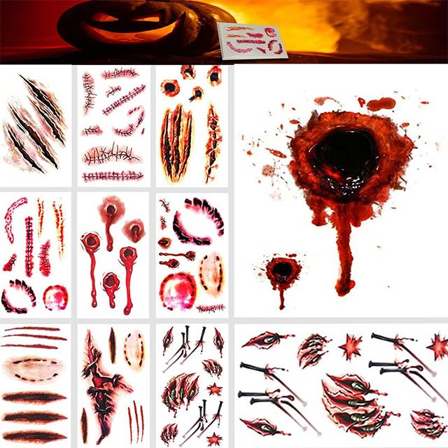 Realistic Zombie Scar Temporary Tattoo Stickers – Waterproof Fake Bloody Wound &amp; Stitched Scab Makeup for Halloween Masquerade Pranks