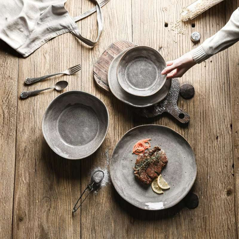 Retro Japanese Style Special-Shaped Ceramic Tableware – Elegant Handmade Aesthetic Dinner Plates & Serving Bowls – High-End Creative Dinnerware for Steak, Salad & Pasta – Unique Table Decor (5"/6.5"/8"/8.5" Bowls, 10" Disk, 11" Plate)