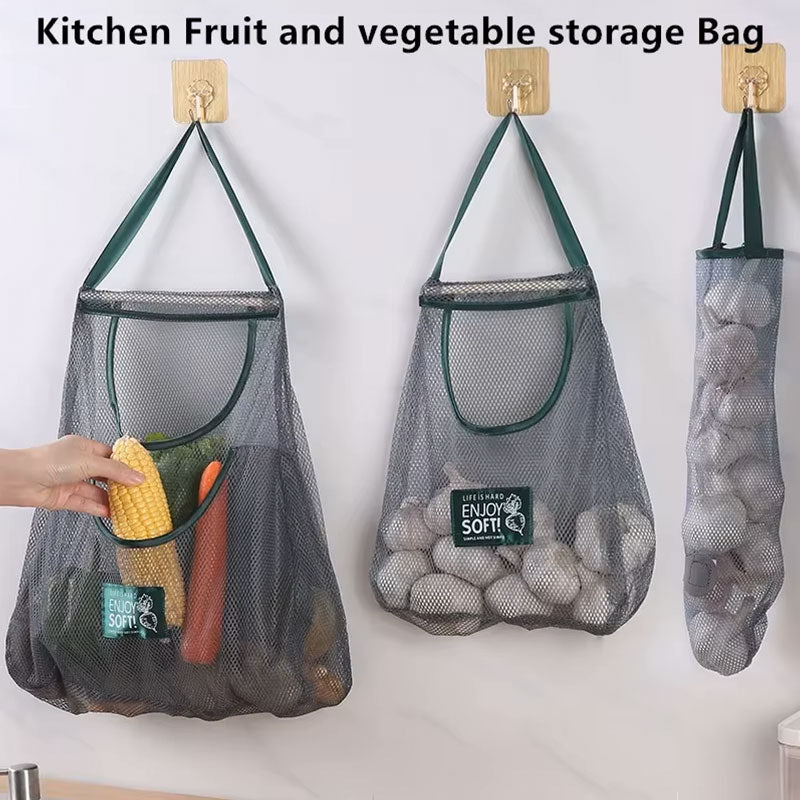 Reusable Mesh Hanging Storage Bags - Breathable Kitchen Net Bag for Fruit and Vegetables - Wall-Mounted Organizer for Garlic, Onions, Ginger, and Potatoes