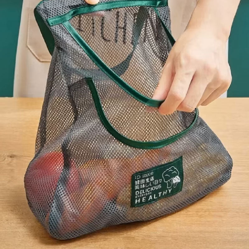 Reusable Mesh Hanging Storage Bags - Breathable Kitchen Net Bag for Fruit and Vegetables - Wall-Mounted Organizer for Garlic, Onions, Ginger, and Potatoes