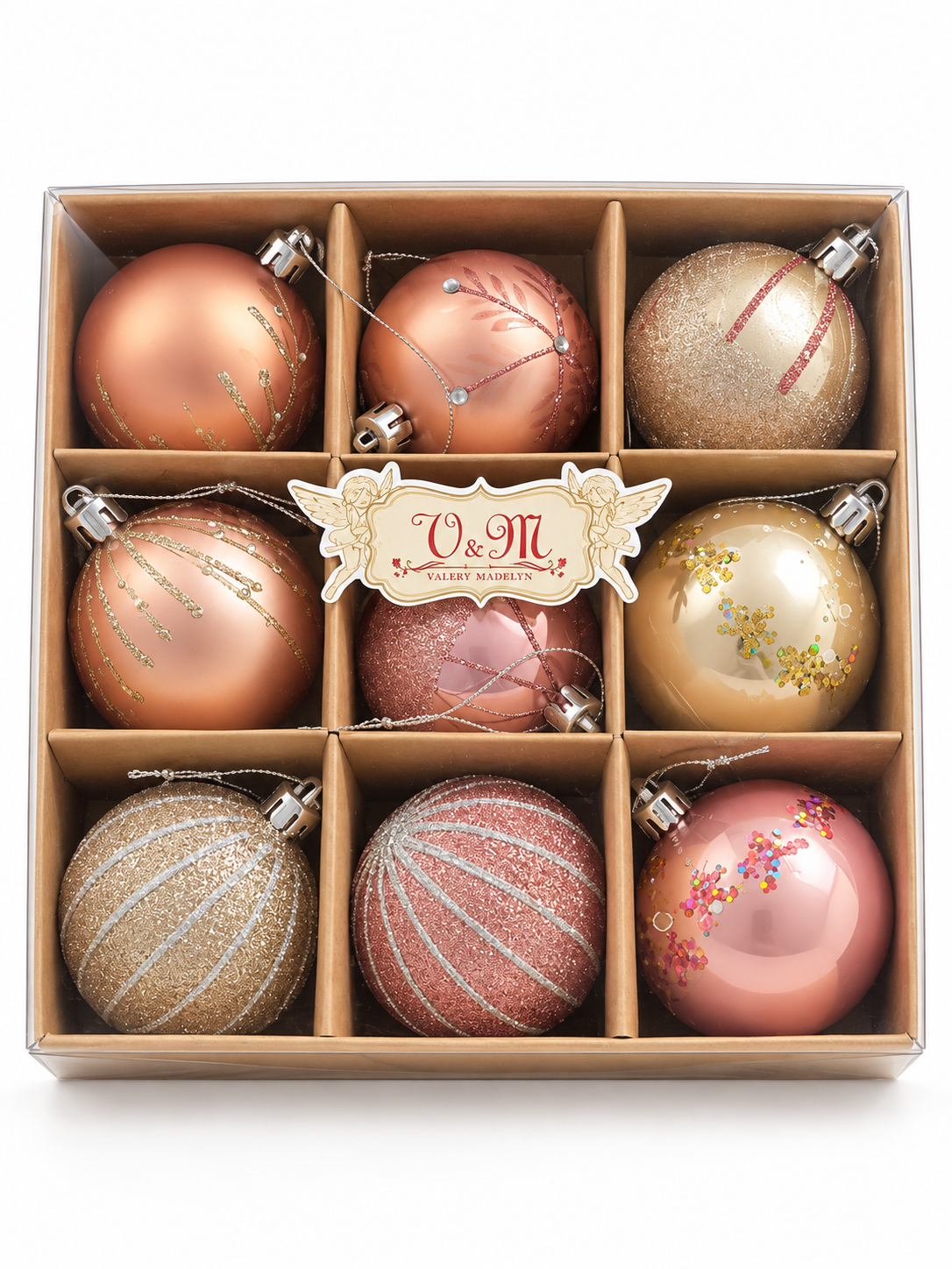 9-Piece Christmas Bauble Ornament Set – Pink, Rose Gold & Champagne Glitter Tree Decorations