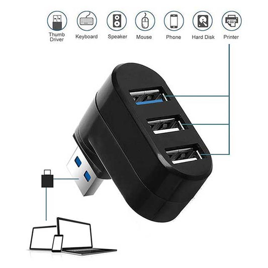 Rotatable USB Hub Splitter – 3-Port USB 2.0/3.0 Adapter with 90°/180° Swivel Design | Plug & Play, Hot Swap Supported USB Expander for Laptop & PC