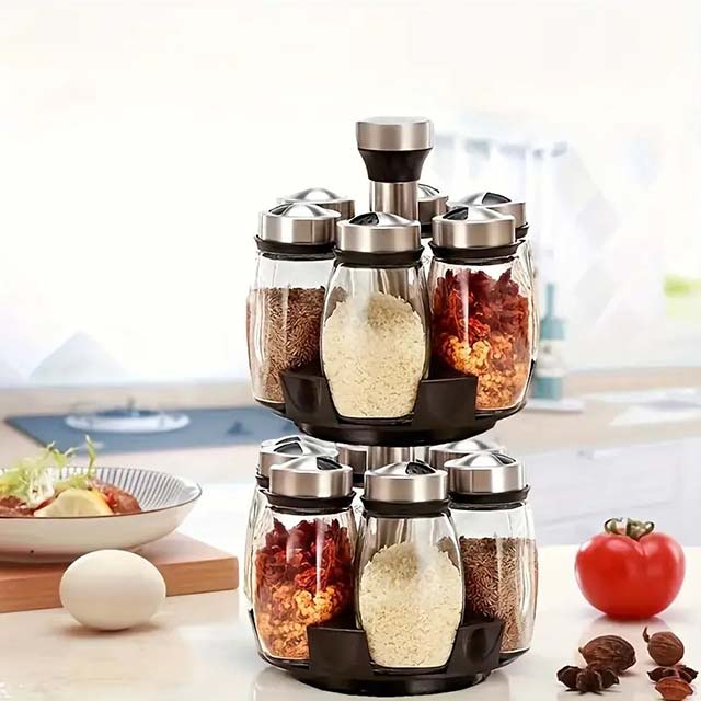 360° Rotating Single & Double-Layer Spice Storage Rack Tower Set with 6/12 Glass Spice Jars for Kitchen Cabinet & Countertop Organization