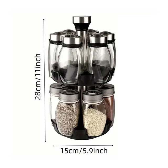 360° Rotating Single & Double-Layer Spice Storage Rack Tower Set with 6/12 Glass Spice Jars for Kitchen Cabinet & Countertop Organization
