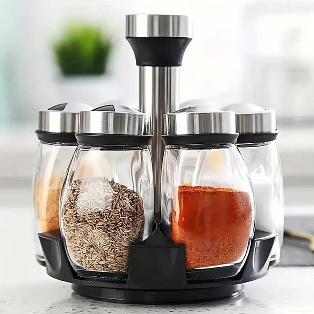 360° Rotating Single & Double-Layer Spice Storage Rack Tower Set with 6/12 Glass Spice Jars for Kitchen Cabinet & Countertop Organization